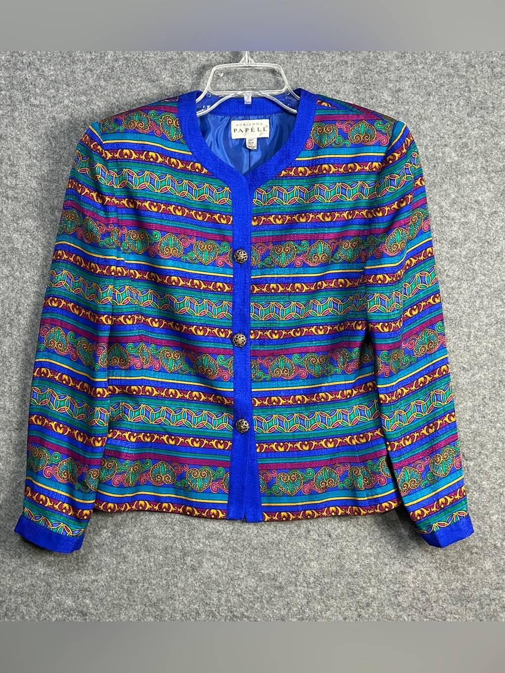 Adrianna Papell SZ 10 VTG 90’s Multicolored Silk Jacket Gold Button Art Inspired